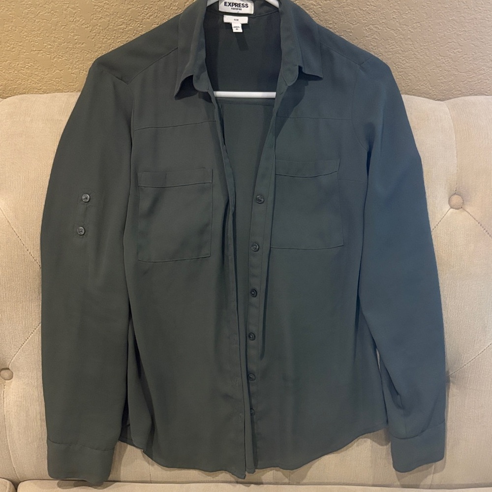 Express Women’s Dark Olive Button-Front Shirt Jacket